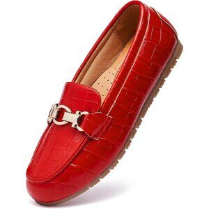 Womens Red Stone Faux Leather Slip On Comfort Chunky Heel Lug Sole Loafers Shoes